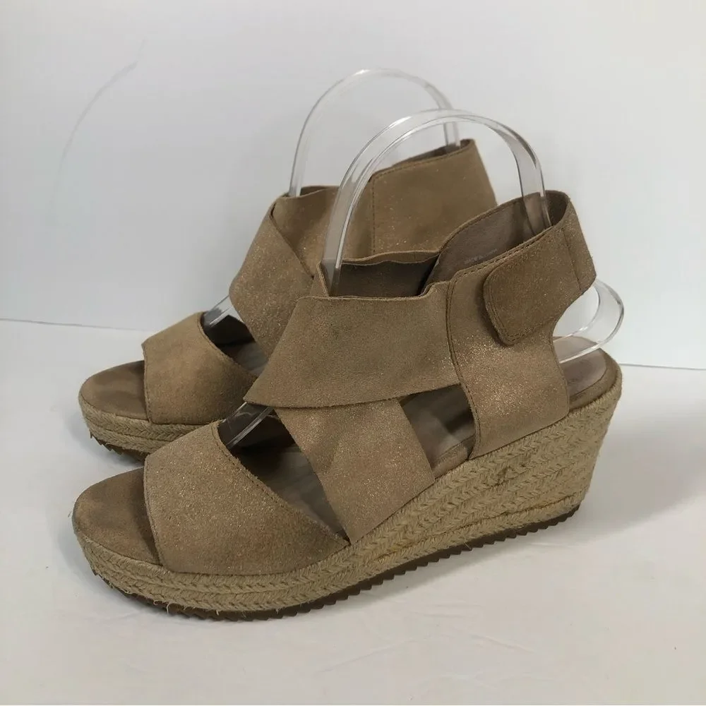Eileen Fisher Willow Tumbled Leather Wedge Espadrille Sandals Shoes Tan 7.5